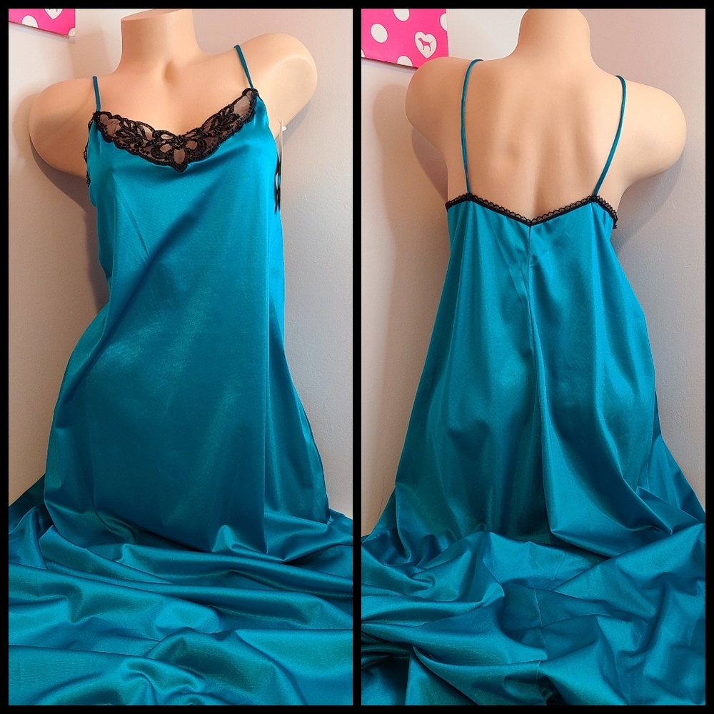 New VTG Private Treasures Silky Nylon Lace Long Maxi Slip Dress Size XL Teal
